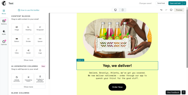 Screenshot of Mailchimp's email marketing platform. More specifically, an image of the email editor with drag-and-drop content blocks, an AI-generated email content column, and a customisable email campaign template within the editing workspace.