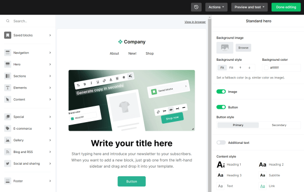 This is an image of MailerLite&rsquo;s drag-and-drop email builder featuring a newsletter template in the center, content blocks in the left sidebar, and design settings for the selected section on the right.