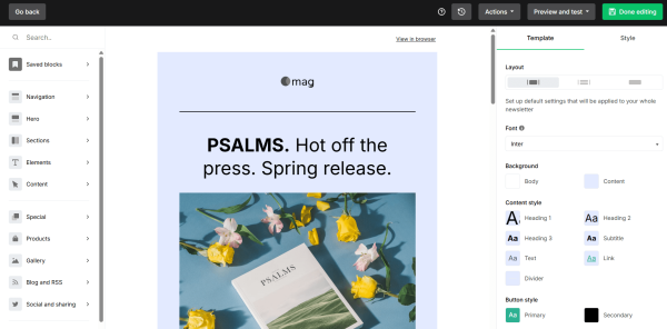 MailerLite's email editor displaying layout and content block options in the right-side menu and a customisable email campaign template in the main editing area.