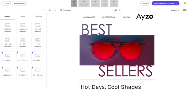 Screenshot of the Moosend email editor displaying drag-and-drop layout blocks in the left-side panel and a customisable ecommerce email template in the campaign preview area.