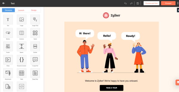 Screenshot of the Zoho Campaigns email editor displaying content elements and editing tools in the side panel next to a customisable welcome email template in the main workspace.