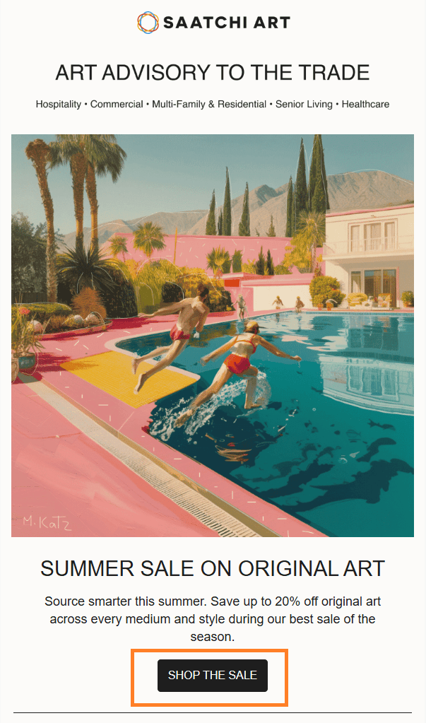 This image displays a campaign by Saatchi Art showcasing a summer-themed artwork of two people diving into a pool. It is followed by a 20% discount offer and a "Shop the Sale" call-to-action button, which is generously sized for easy clicking.