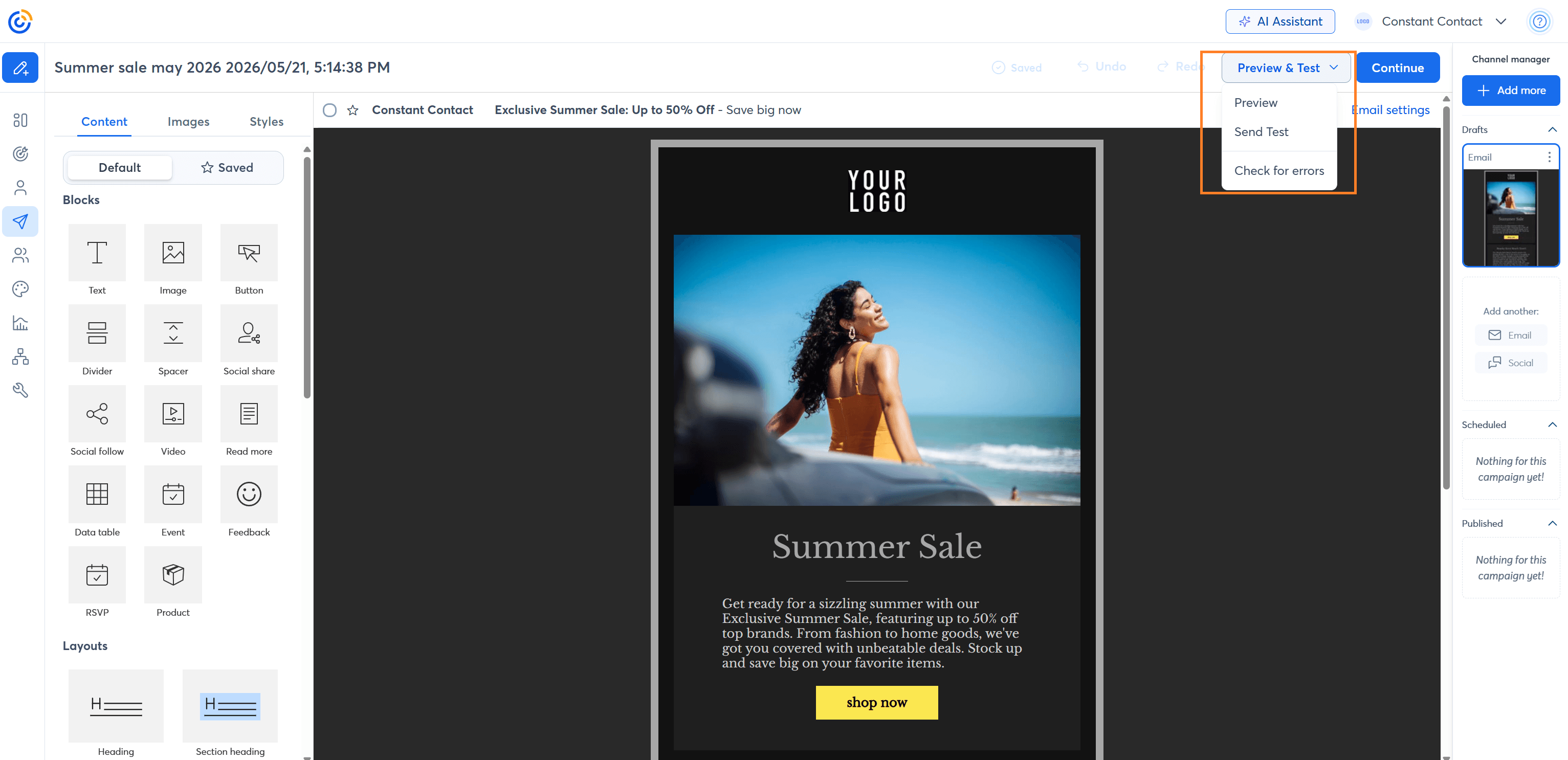 This image features Constant Contact's email editor, highlighting a pre-made template, the platform's core design capabilities, and its "Preview & Test" option.
