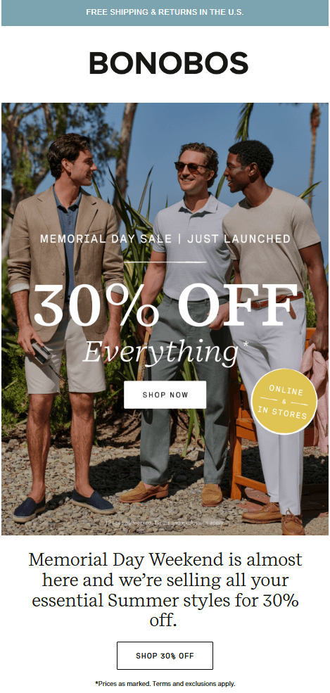 This image shows a Memorial Day sales email by Bonobos with a 620px width, featuring three men dressed in the brand's clothes, a 30% off everything discount sign at the top, and CTA buttons to drive quick sales.