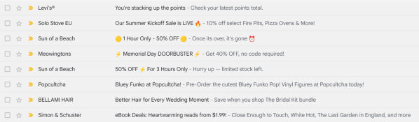 Screenshot from a Gmail account that shows effective email subject line combinations for sales announcements, loyalty programs, product launches, etc.
