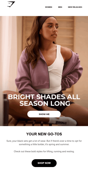 This image shows an email campaign by Gymshark, featuring a young woman sitting confidently wearing the brand's fitness clothes. The copy encourages readers to explore their summer collection and there are two CT buttons to drive sales.