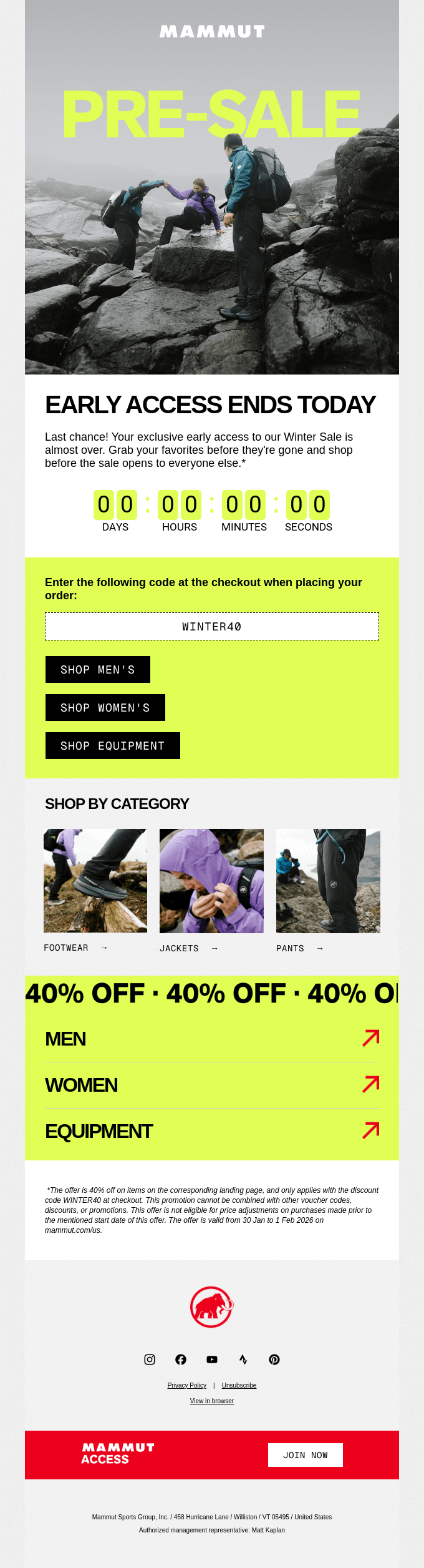 This screenshot shows an early access email by Mammut with a height of around 2,000px, including an image of three people rock-climbing wearing the brand's equipment. It also includes urgency elements inside the copy, a countdown timer, and menus featuring different product categories.