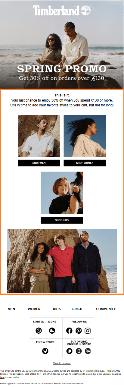 Timberland's email campaign has a height of 1135px and includes a navigation menu with product categories. These categories feature images measuring approximately 240px x 240px to enable easier navigation.