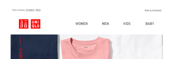 This image shows UNIQLO's email preheader, the logo, two mini product category menus for easy navigation, a "View in Browser" link and parts of the brand's T-shirts.