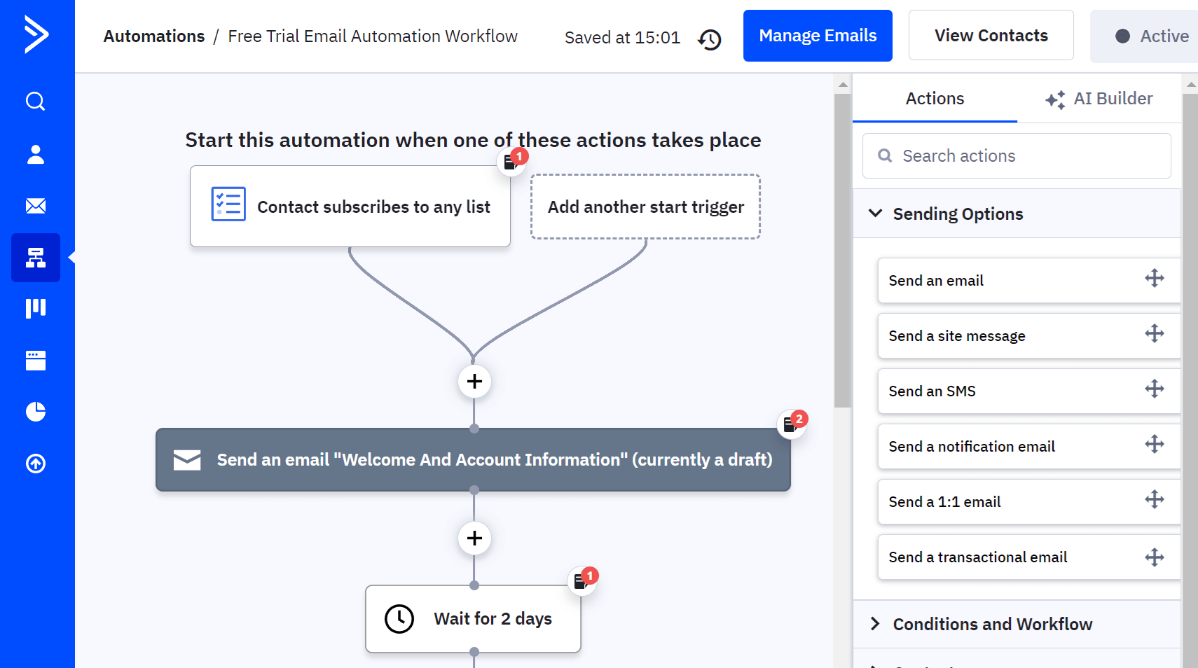 This image shows a welcome email flow in ActiveCampaig's automation builder.