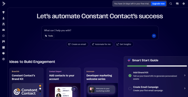 This is ActiveCampaign&rsquo;s dashboard highlighting AI functionality, campaign creation, automations, insights, and onboarding resources in a single workspace.