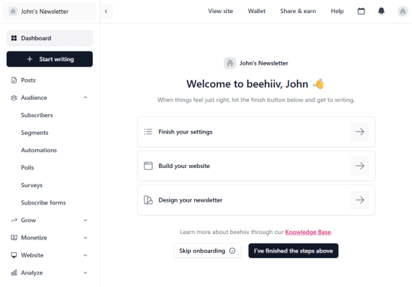 Beehiiv dashboard displaying a new publication onboarding checklist with steps to finish account setup, build a website, and design a newsletter. The navigation menu includes subscribers, automations, surveys, signup forms, website, analytics, and monetization tools.