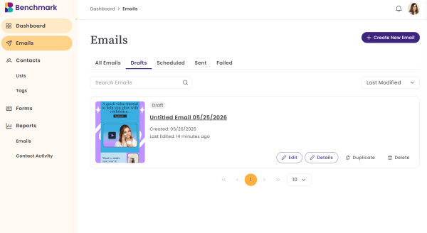 This image highlights Benchmark Email's campaign management area, where users can organize drafts, schedule emails, and monitor campaign activity from a central workspace.