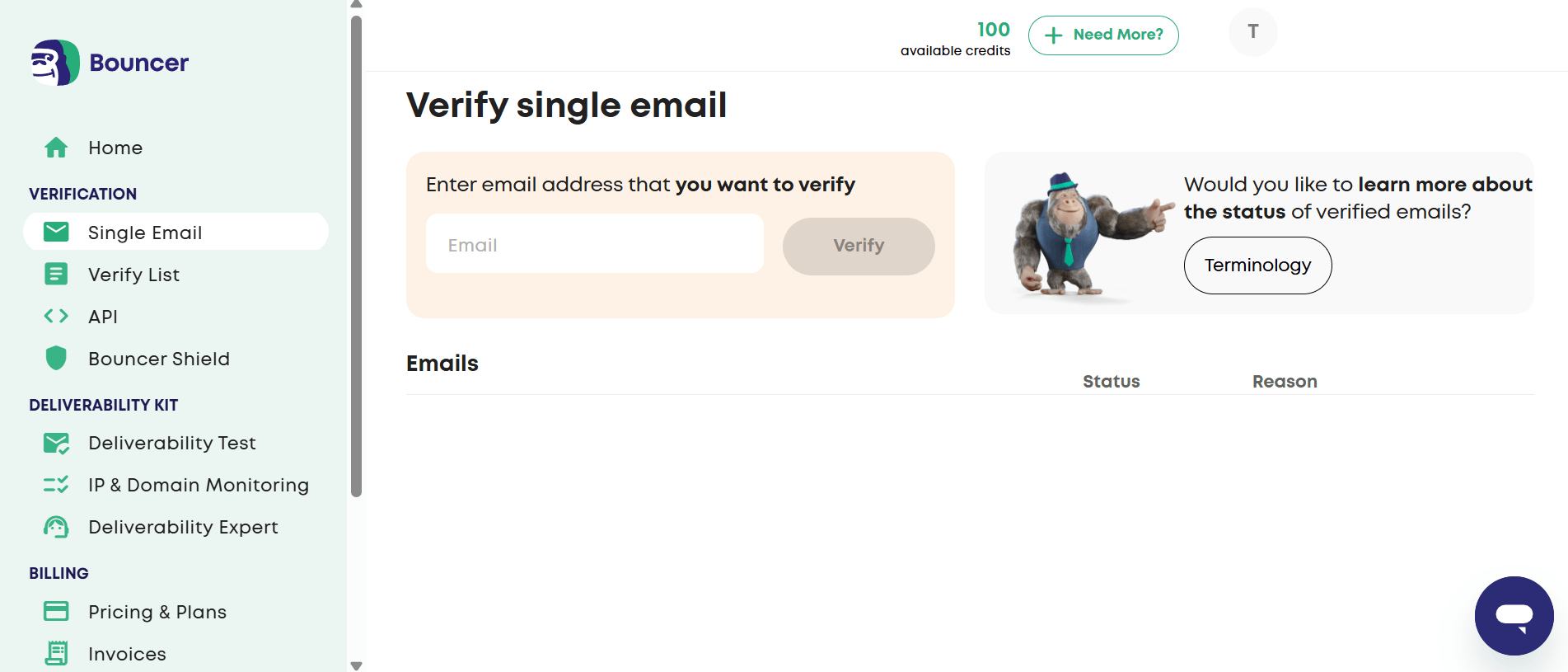 This is an image of Bouncer&rsquo;s email verification interface