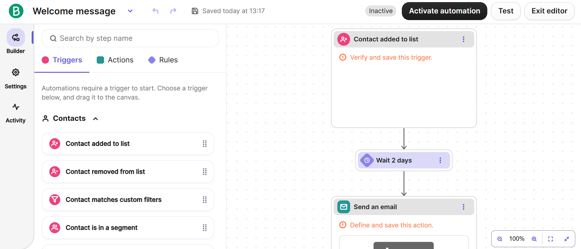 This is an image of Brevo's automation workflow builder with a welcome message flow.