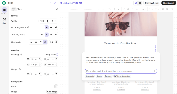 Brevo's email editor includes an AI writing assistant that helps users generate and refine marketing copy while designing campaigns, making it a useful feature among the best email marketing platforms for small businesses.