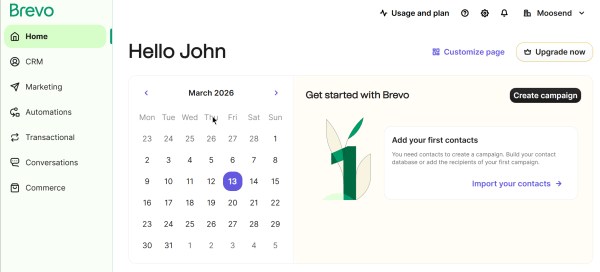 This is an image from Brevo's customizable dashboard page, featuring a calendar and options for marketing campaigns, CRM, transactional emails and more.