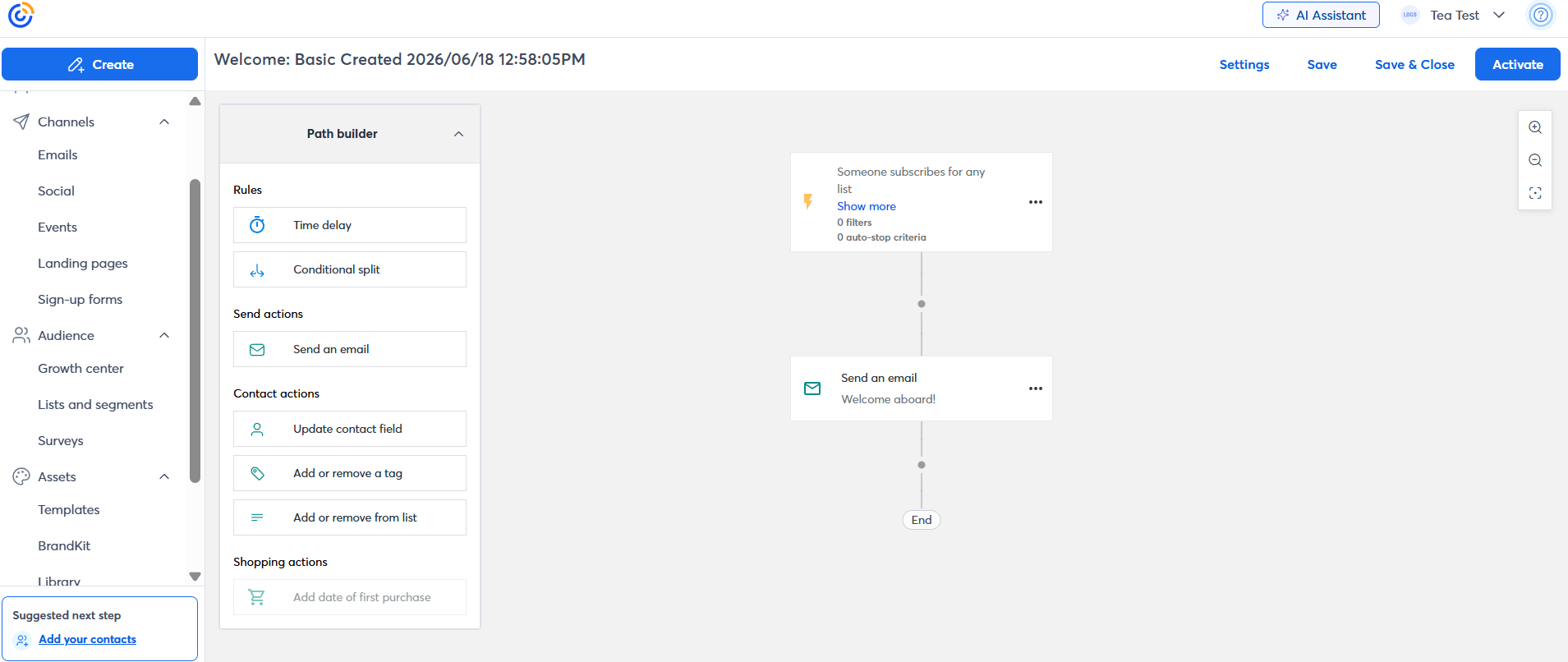 This image shows Constant Contact's Path Builder with a ready-made welcome flow.
