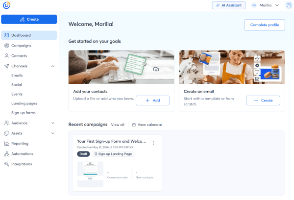 This visual shows Constant Contact's main dashboard, where users can import contacts, launch email campaigns, and review account activity. This cheap email marketing software is suitable for small businesses.
