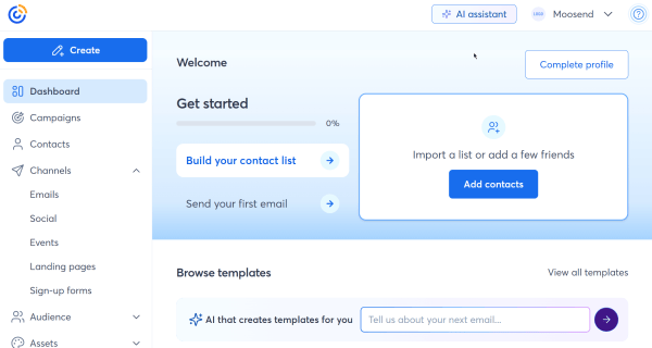 This is a screenshot from Constant Contact&rsquo;s dashboard, guiding users through contact imports, campaign creation, AI-powered templates, and audience growth.