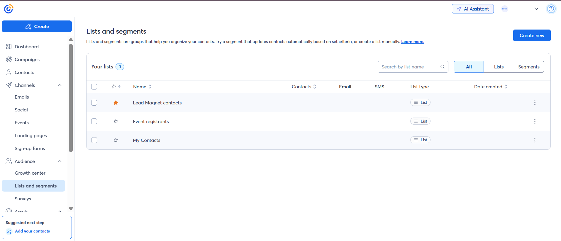 This is an image of Constant Contact's email list management dashboard