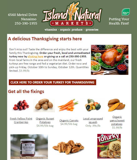 Thanksgiving email campaign from Island Natural Markets encouraging recipients to pre-order local turkeys with a prominent CTA and product images displaying holiday fixings.