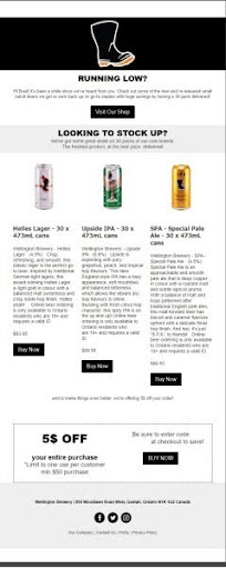 Product replenishment email from Wellington Brewery with a "Running Low?" headline, a three-column grid displaying different drinks with individual purchase CTAs, and a $5 off discount coupon.