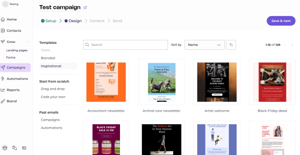 EmailOctopus template gallery displaying pre-built campaign designs, featured in our comparison of the best email marketing platforms for small businesses.