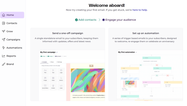 The image displays the EmailOctopus dashboard, where users can create newsletters, manage subscribers, and monitor campaign activity through a streamlined interface.