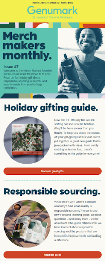 Monthly newsletter campaign by Genumark with a holiday gifting guide and an educational section on responsible sourcing.