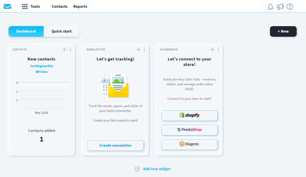 This visual shows the GetResponse dashboard with subscriber statistics, newsletter performance metrics, and ecommerce integrations for platforms such as Shopify, PrestaShop, and Magento.