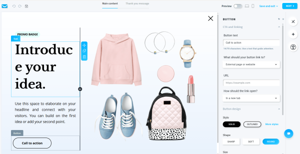 GetResponse's pop-up builder allows users to design customizable signup forms with drag-and-drop editing, product images, and call-to-action buttons to capture more leads.
