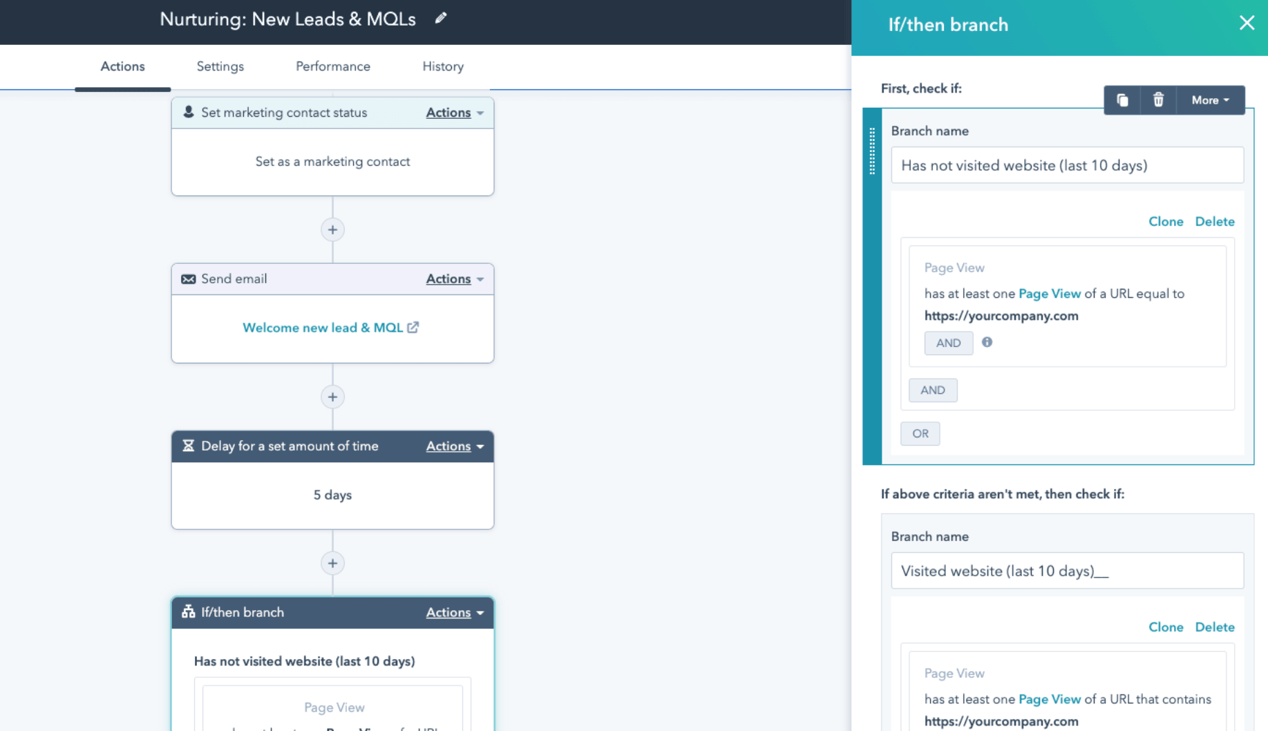 This is Hubspot's workflow editor that shows a New Leads and MQLs workflow and displays the If/then functionality.