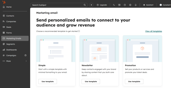 HubSpot email marketing dashboard showing a template selection screen with options for simple emails, newsletters, and promotional campaigns. The left navigation includes contacts, companies, deals, forms, marketing emails, segments, dashboards, and campaigns, allowing users to manage email marketing alongside CRM activities.