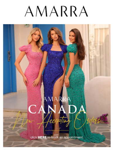 An Amarra Canada promotional image showing three models in elegant dresses, announcing that they are accepting orders and inviting viewers to book an appointment.