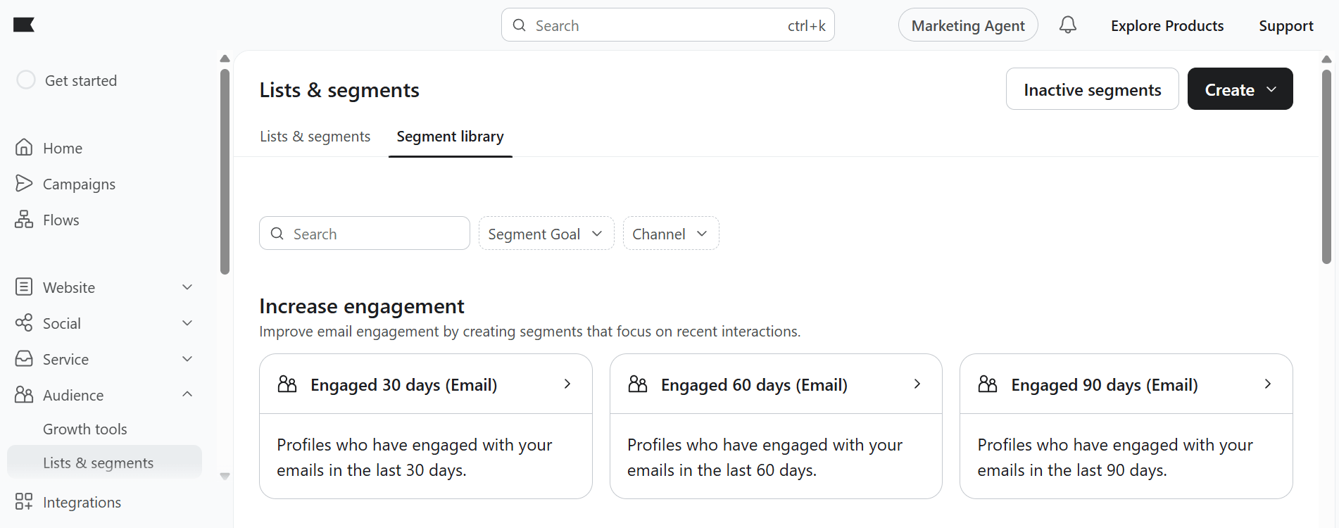 This is an image of Klaviyo&rsquo;s segment library