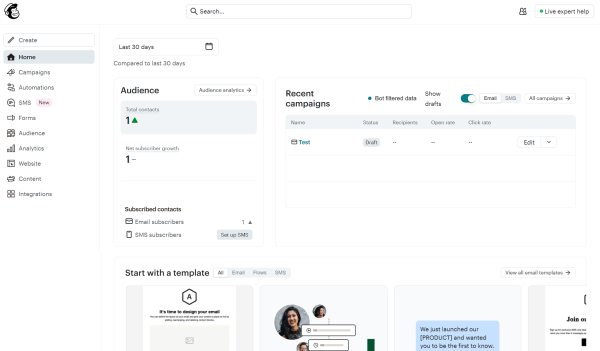 This image shows the Mailchimp dashboard with audience growth metrics, recent email campaigns, SMS marketing options, automation tools, analytics, forms, and a library of email templates.