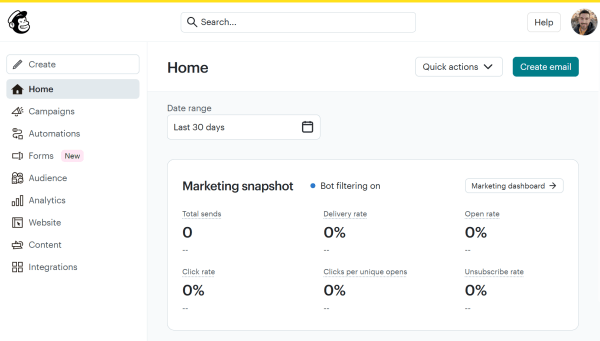 Mailchimp&rsquo;s home dashboard displays campaign metrics, audience tools, automations, forms, integrations, and quick access to email creation.