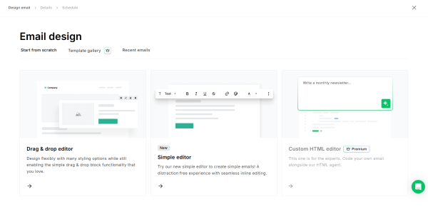 Screenshot of MailerLite's email design screen showing options to create a campaign with the drag-and-drop editor, simple editor, or custom HTML editor.