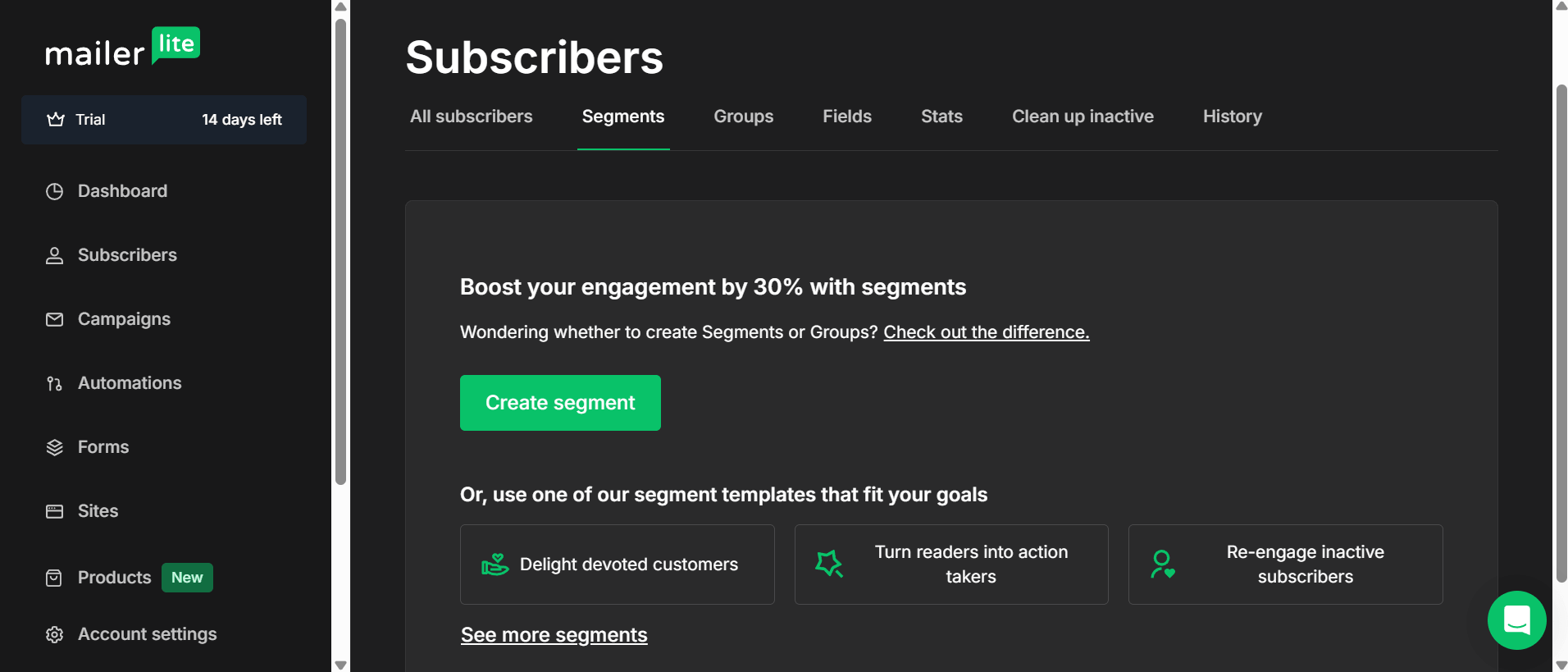 This is an image of MailerLite&rsquo;s segmentation capabilities