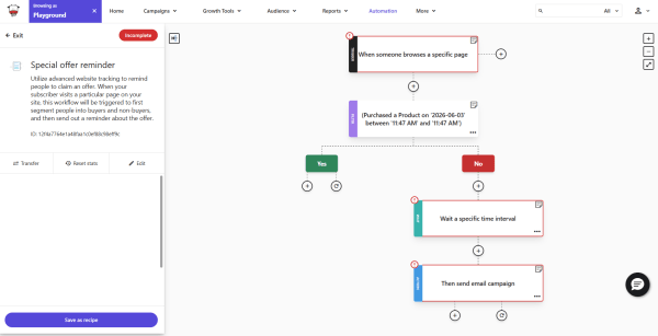Moosend's automation builder displays a visual workflow for sending targeted emails based on website activity, purchase behavior, and timing conditions.