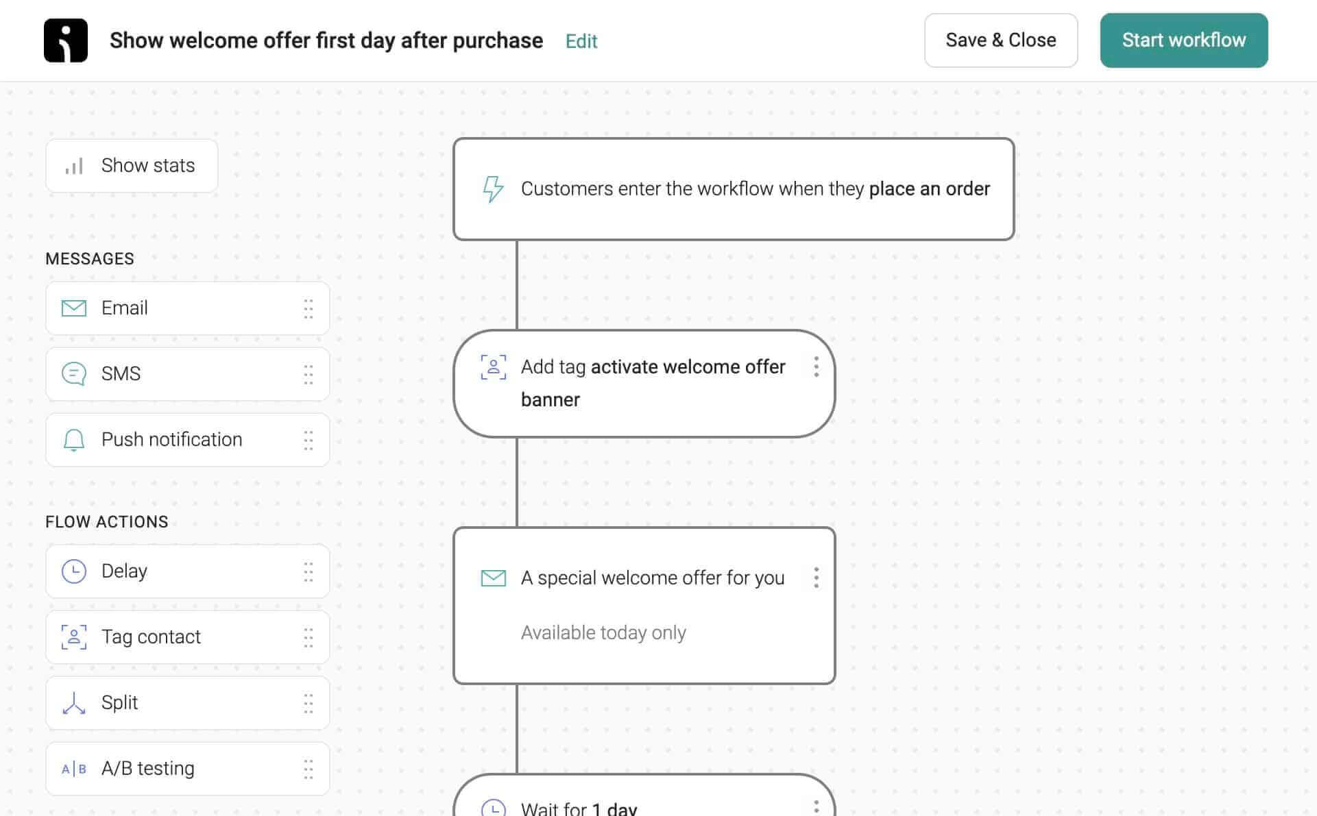 This is Omnisend's automation platform with an after-puchase welcome offer for ecommerce.