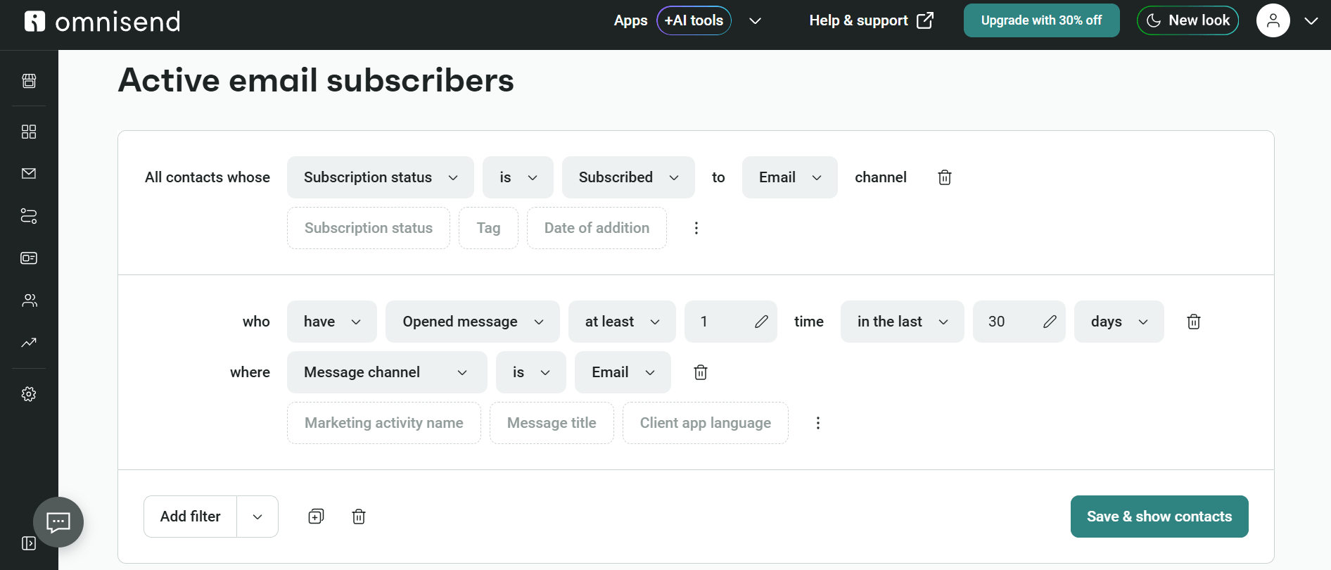 This is an image of Omnisend&rsquo;s segment builder