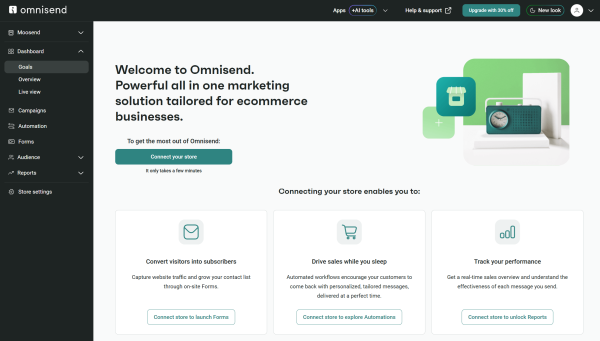 This is Omnisend's dashboard prompting users to connect the platform with their online store to unlock its full potential.