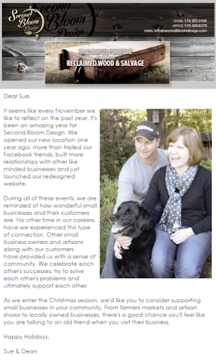 Holiday newsletter from Second Bloom Design featuring a note from the owners that reflects on key milestones of the previous year alongside an image of a couple and their dog.