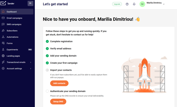 The image shows Sender's onboarding dashboard with a setup checklist for connecting a sending domain, importing contacts, creating forms, and preparing the account for email campaigns.