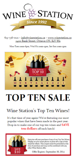 A sales email from Wine Station with an image of three wine bottles and a 1 to 10 numerical countdown alongside a special coupon to claim the discount on the best-selling wines.