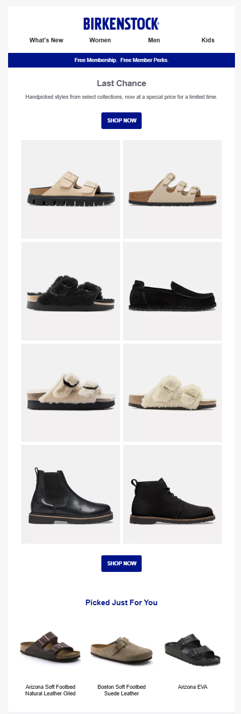 Birkenstock's last chance email contains handpicked recommendations, two similar Shop Now buttons placed at the top and bottom, and a "picked just for you" section that adds a personal touch.