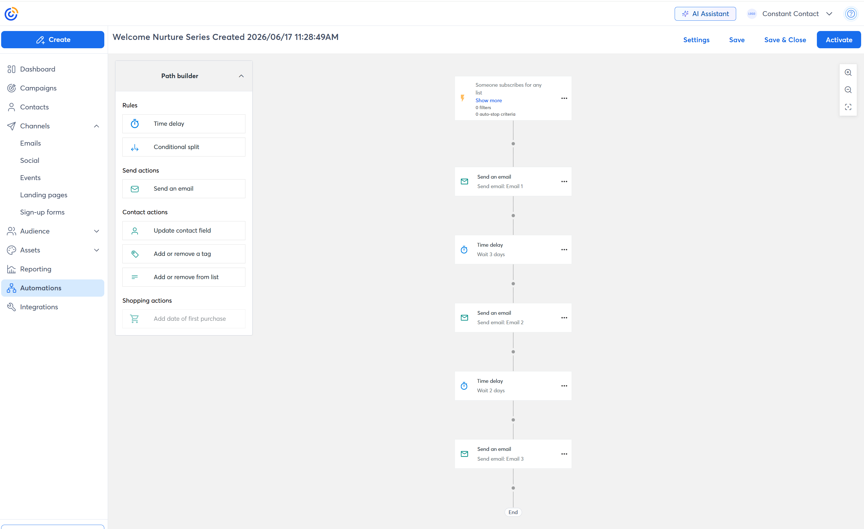 Constant Contact's automation builder, showing a pre-made workflow and a dashboard with path building rules and other essential settings.