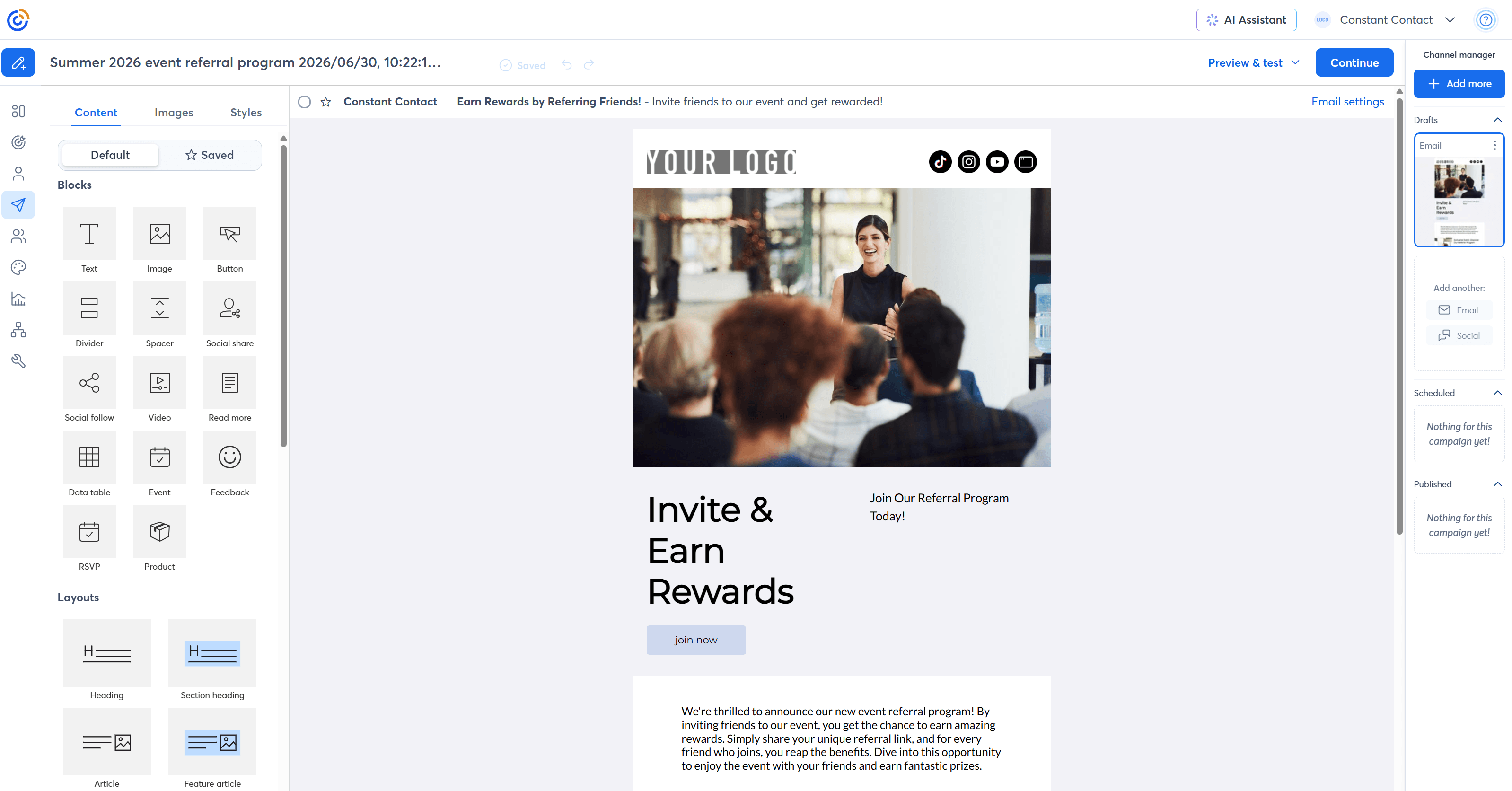 This screenshot shows Constant Contact's editor, the dashboard on the left and and event referral design crafted with the built-in AI tool.